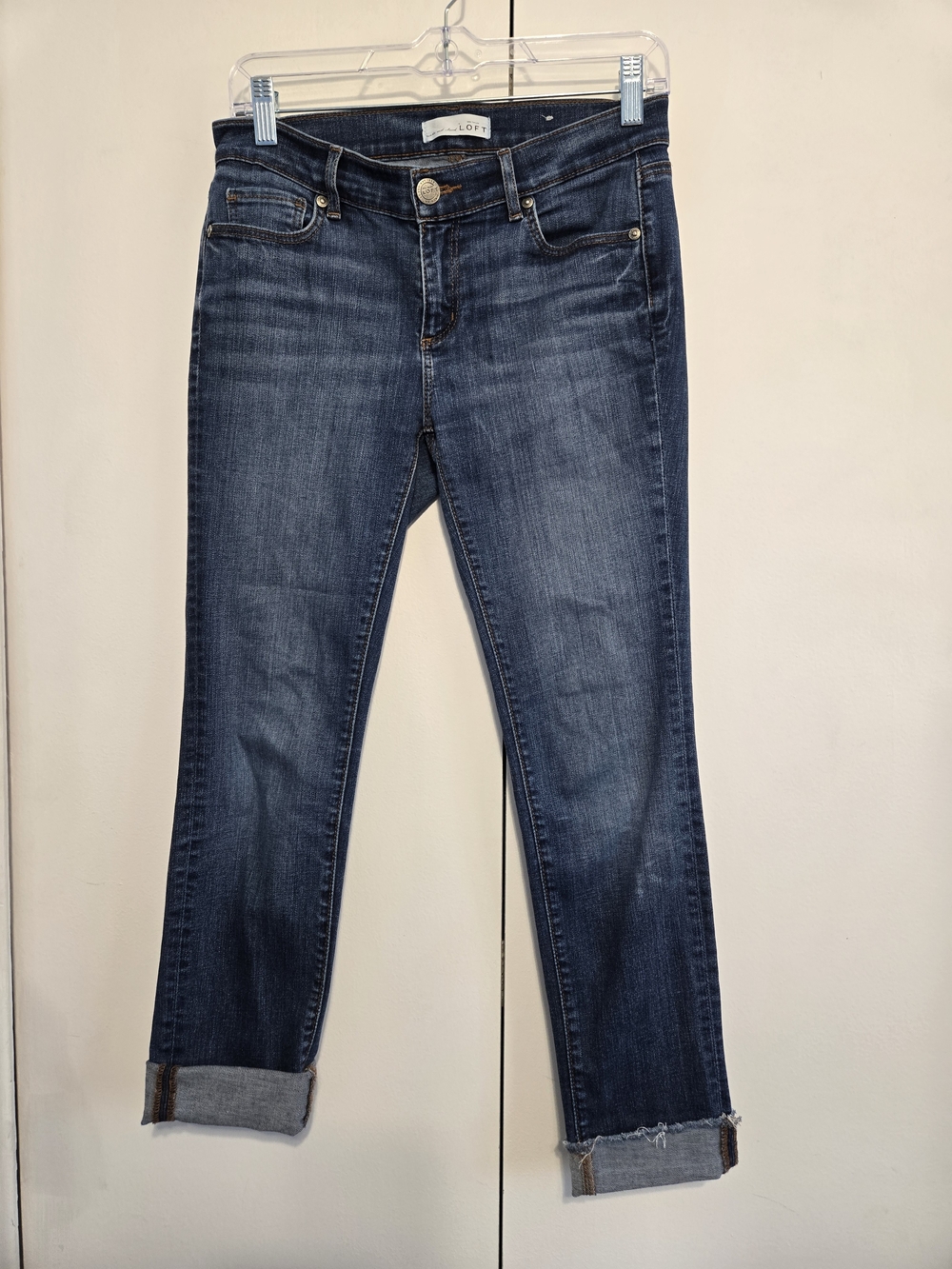 LOFT Modern Straight Jeans Women’s 4/27 Dark Wash Stretch Cuffed Denim